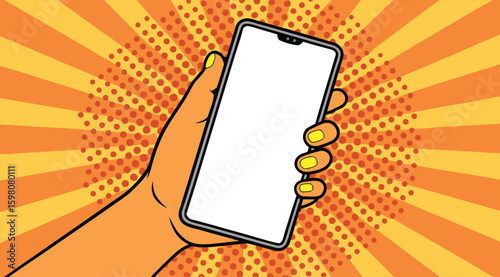 Cartoon Hand Holding Smartphone with Blank Screen – Pop Art Vector Illustration