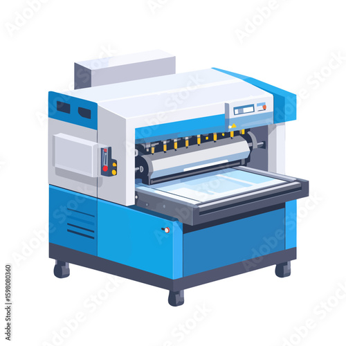 Modern industrial flatbed printing press in blue and white, featuring a large roller and control panel.
