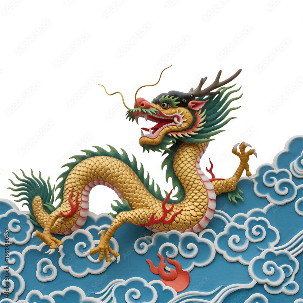 Fototapeta premium Illustration of Golden Dragon on Blue Clouds