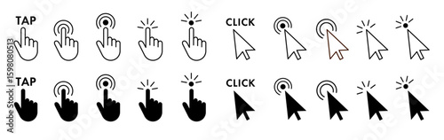 タップとクリック操作を示すジェスチャーアイコンセット（UI UX 操作ガイド ベクター）