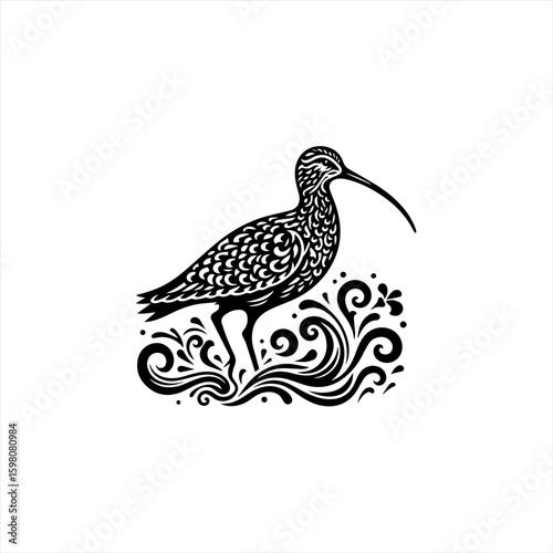 Stylized black and white illustration of a curlew bird standing in water