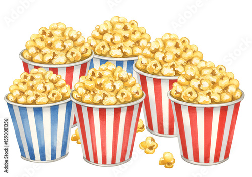 Illustration of Popcorn in Striped Buckets on Transparent Background