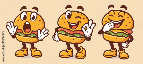 Three cheerful hamburger mascot cartoon style