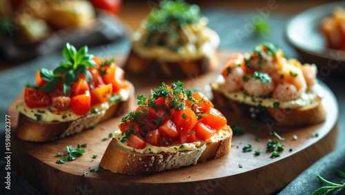 Wallpaper Mural Open-faced appetizers with chopped tomatoes, herbs, and toppings on crusty bread slices. Torontodigital.ca