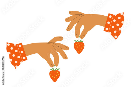 Two female hands in polka dot shirt cuff holding ripe red strawberries with leaves. Cute vector illustration for jam jar label, harvest, farm shop, gardening, pie recipe.