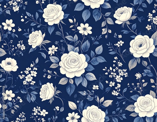 クラシカルな青の花柄背景Classic Blue Floral Pattern Background