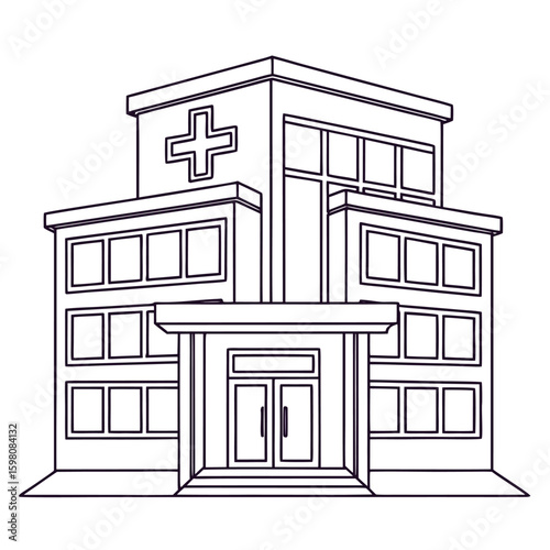 Line Art Hospital Building Front View – Medical Center with Cross Symbol