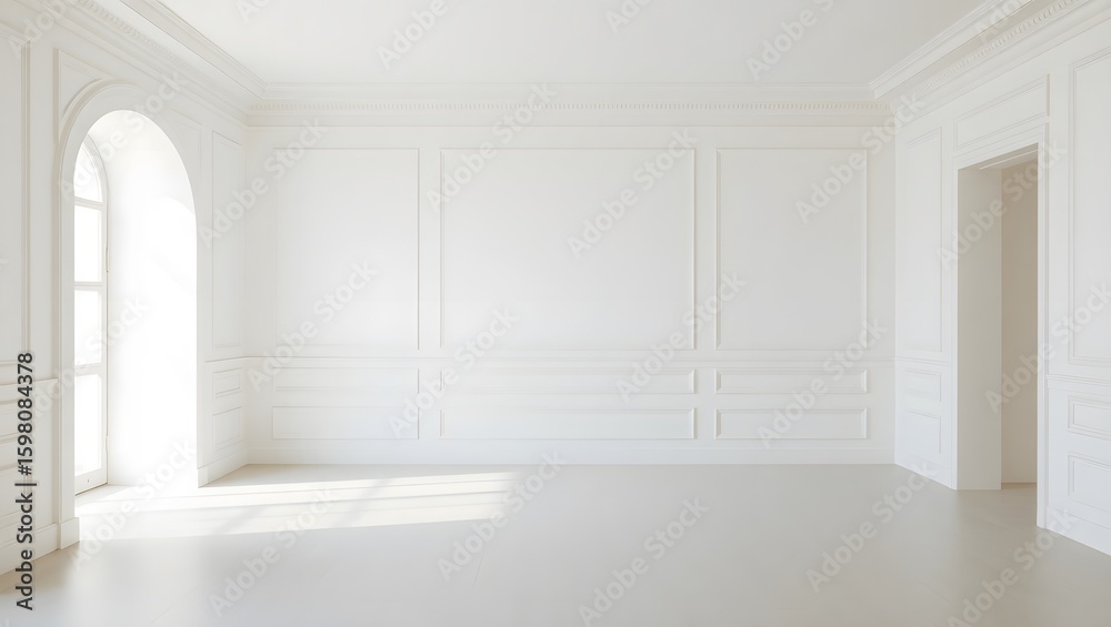 Fototapeta premium Spacious, bright classical interior with white walls, an arched window, and clean minimalist design.