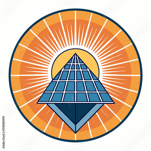 Geometric pyramid with sunburst and halo symbol