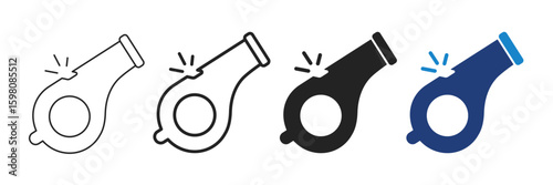 Whistle icons set. Editable stroke sport referee whistle symbols. Collection of black, outline and flat style vector illustration