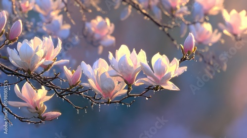 Blossoming magnolia branches in soft sunlight