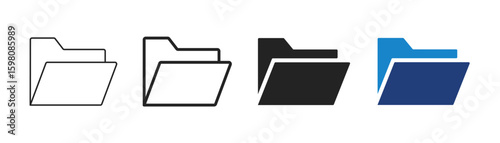 Folder icons set. Editable stroke file directory symbols in outline, filled and flat styles. Vector solid.