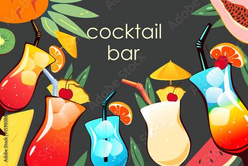 Background with alcoholic cocktails in a bar. Banner with tropical cocktails: blue lagoon, sex on the beach, pina colada. Vector illustration.