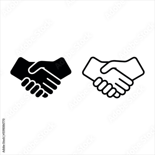 Black and white handshake icons side by side on white background shaking hands agreement