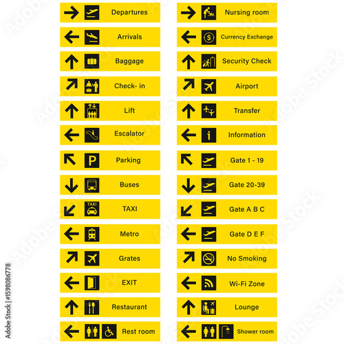 Airport Sign Set. departure arrival travel icon. Vector airport board airline sign gate flight information stock illustration Yellow background color.