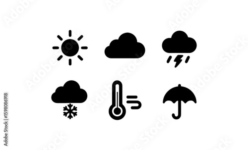 Minimalist weather icons set with sun, clouds, and umbrella symbols