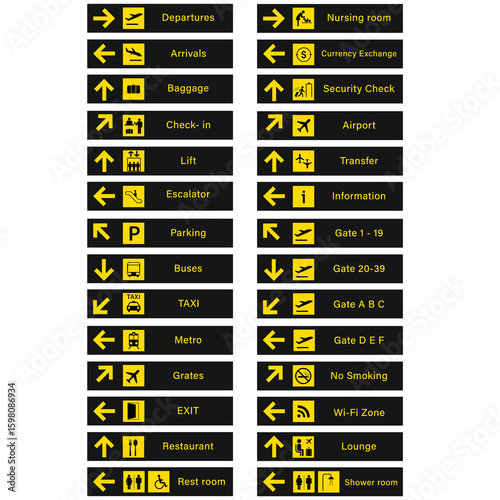 Airport Sign Set. Airport sign departure arrival travel icon. Vector airport board airline sign gate flight information stock illustration