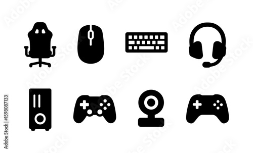 Gaming essentials icons: modern gaming chair, mouse, keyboard, headset, console, controllers, webcam