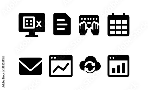 Set of office and productivity icons in minimalist silhouette style