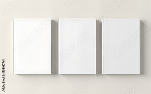 Three blank books, side by side, on a neutral background. High quality