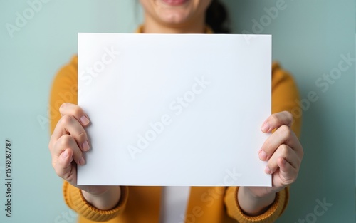 Close-up view of hands holding a blank sign. High quality