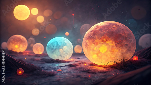 Mysterious glowing orbs scattered across a dark textured landscape