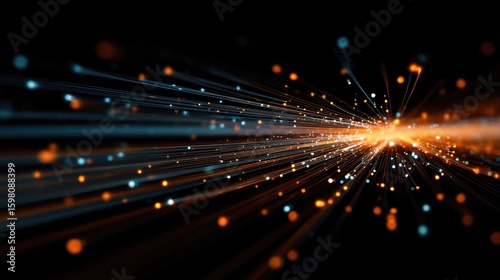 Futuristic fiber optic light burst, blue orange glowing strands, dynamic tech background, digital network connection, high - speed data transfer, cyber space concept, abstract innovation design