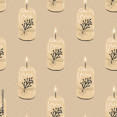 Seamless pattern with burning candles in cozy and romantic style. Hand-drawn vector illustration of glowing candle flames, soft light, warmth, and love. Cute cozy vibe with minimalistic shapes 