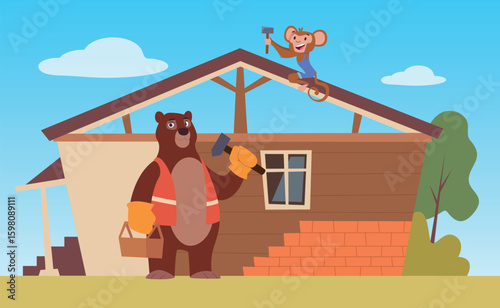 Animal builders. bear in special uniform building big wooden house
