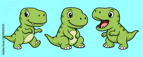 Group of cartoon cute green mascot dinosaur