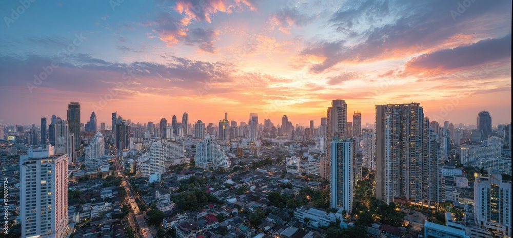 Obraz premium Panoramic cityscape at sunset (1)