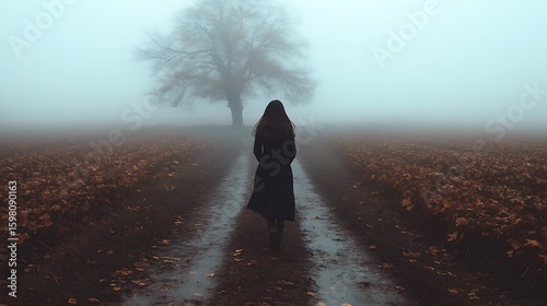 A solitary figure walks a path through a foggy field.
