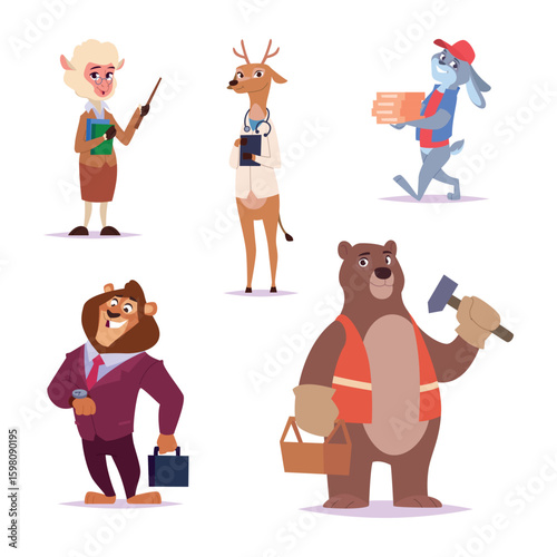 Animals profession. Builders teachers drivers different cute cartoon characters exact vector animals set
