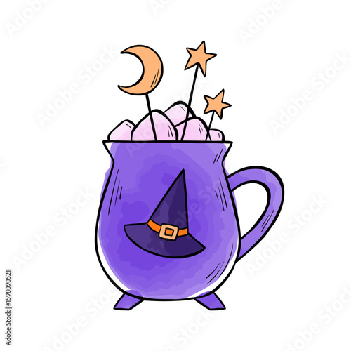 Ink and watercolor drawing of Witch's cauldron mug for Halloween sticker design, menu, card, or scrapbook. Vector illustration of party drink with marshmallows on top isolated on white background. 
