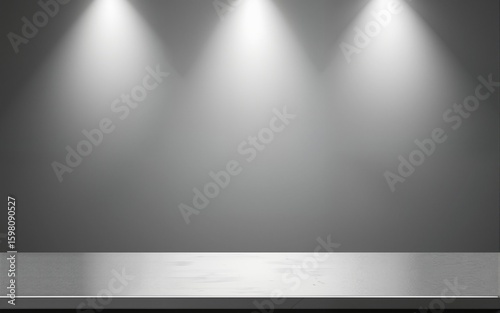 Silver steel countertop, empty shelf, realistic mockup of table top, kitchen counter on gray background with spot light, Bar desk surface in foreground. High quality
