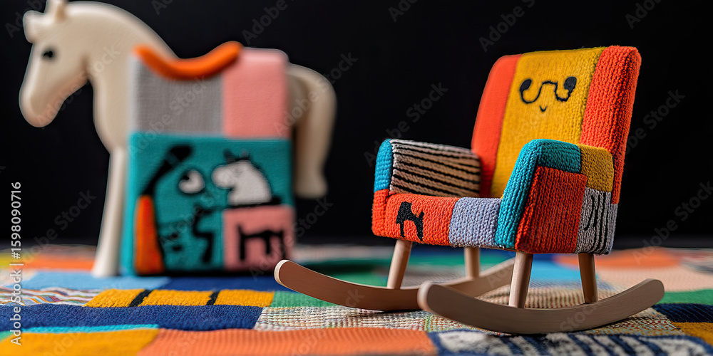 Fototapeta premium Multicolored Knit Rocking Chair with Horse and Blanket Background