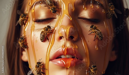 Woman with closed eyes up close with honey dripping from her cheeks, forehead and nose. Honey bees are walking over her face