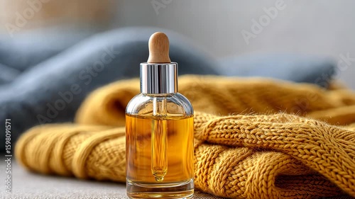 Aromatic serum bottle on cozy knitted fabric setting in soft, warm lighting