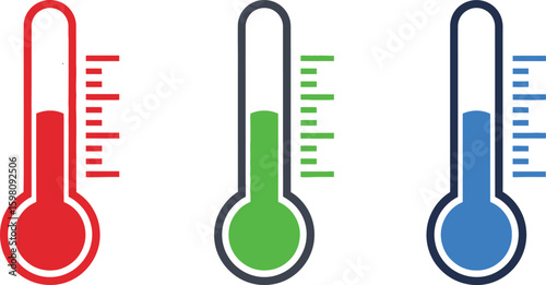 Thermometer Icon Set – High, Moderate, and Low Temperature Symbols in Red, Green, Blue for UI Status, Climate, and Health Design