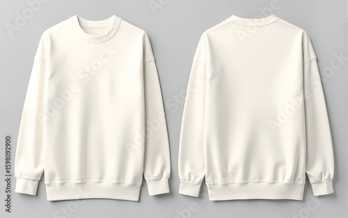 Front and back view of a plain off-white crew neck sweatshirt. High quality