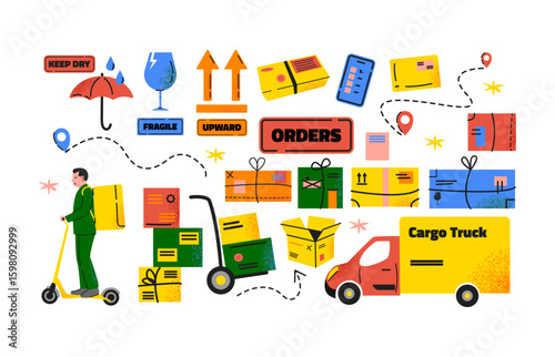 Delivery and shipping stickers, cardboard boxes and parcels in cartoon style. Set of vector illustrations of moving goods and deliveries. Groovy hand-drawn stickers.