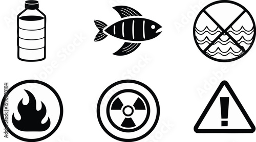 Black Environmental Pollution Icons Set – Plastic Waste, Marine Life, Warning Signs