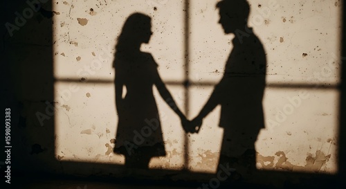 Silhouette of a couple holding hands, cast by light through a window, on a textured wall.
