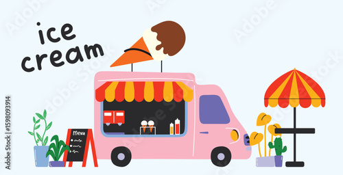 Trailer ice-cream shop. Cartoon van car shops ice-cream different tastes. Street fair. Bus shop in retro cartoon style