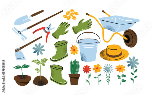 Garden tools and farming equipment sticker set. Shovel, boots, bucket, gloves, and gardening essentials. Cartoon-style illustrations for planting and harvesting. Gardening and agriculture icons.