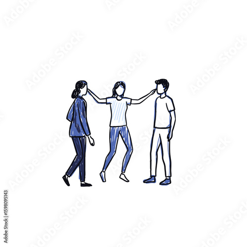 Three friends interacting cheerfully in a simple illustrated style  