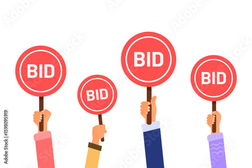 Hands holding bid paddles in auction, buyers compete by offering prices to win the deal
