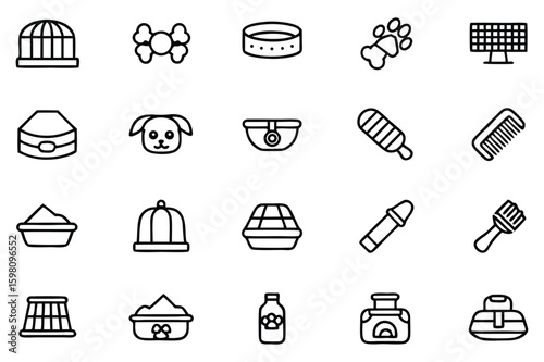 Collection of Pet Related Outline Icons Featuring Food Bowls Collars and Toys for Cute Animal Companions
