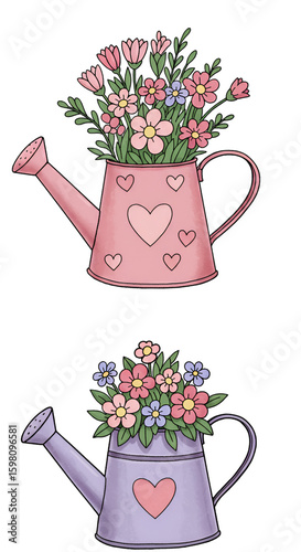 Illustration of Watering Cans with Flowers,  Cute Floral Design