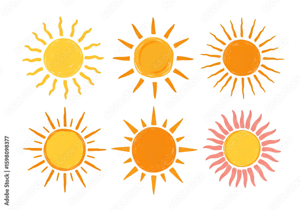 Fototapeta premium Illustration Set of Six Simple Suns on Transparent Background